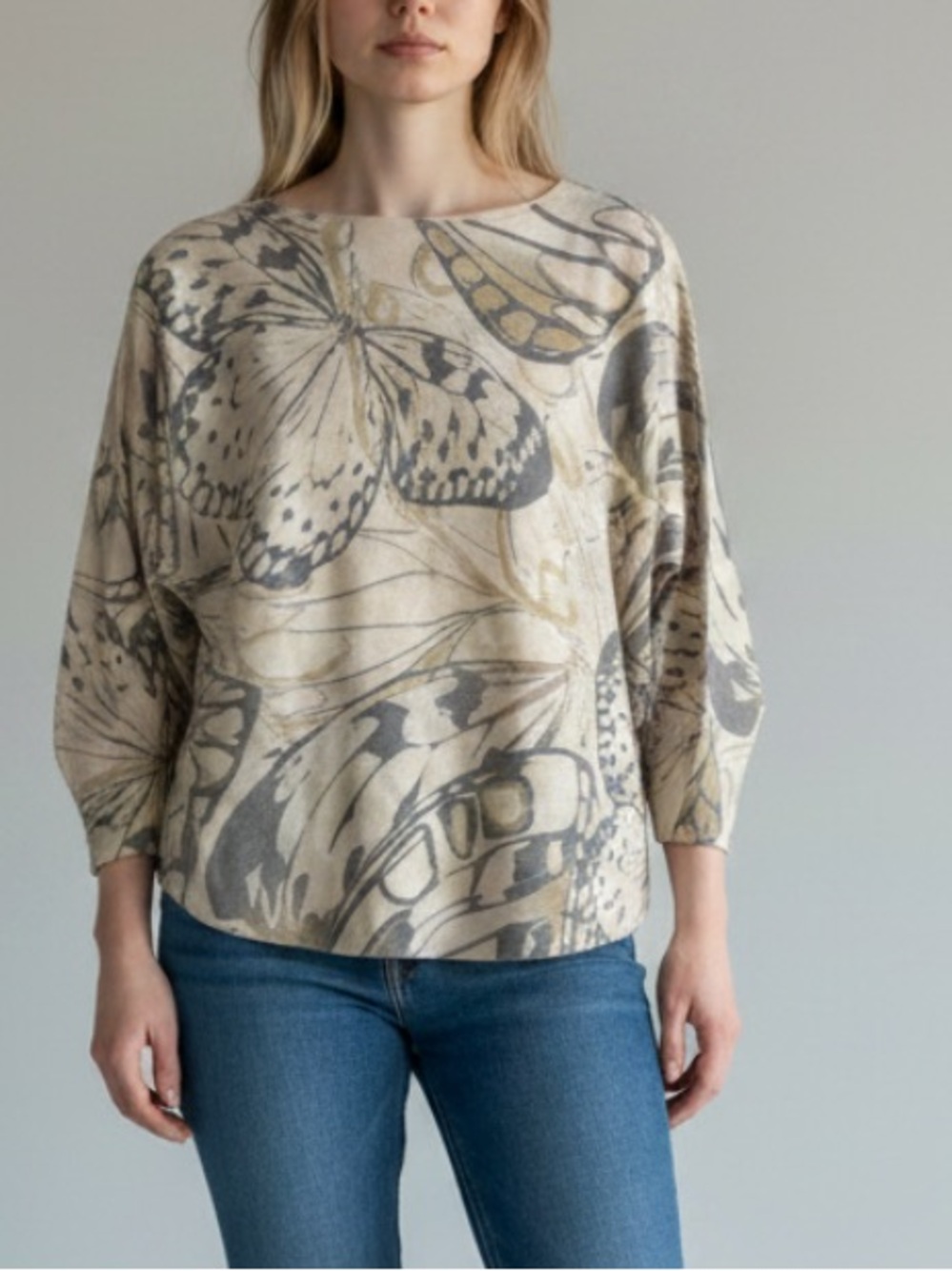 Sioni Cream & Gray Butterfly Print Crewneck Sweater